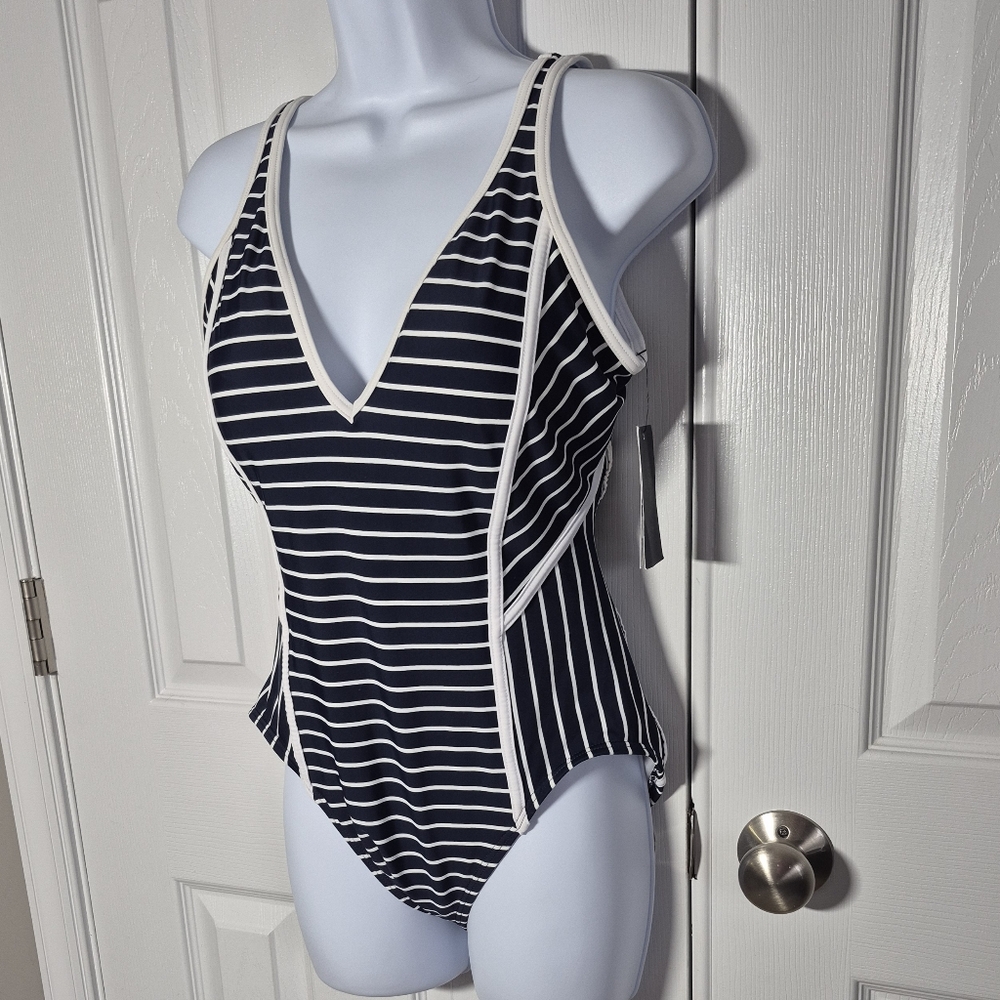 Tommy Hilfiger Swimsuit Navy Blue and White Striped One Peice Women's 12 New - Picture 2 of 16